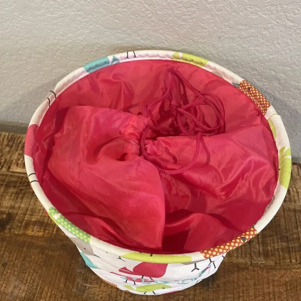 Thirty one bag cinch top round Storage Bin Pink Chickadees Birds Embroidery MeMe